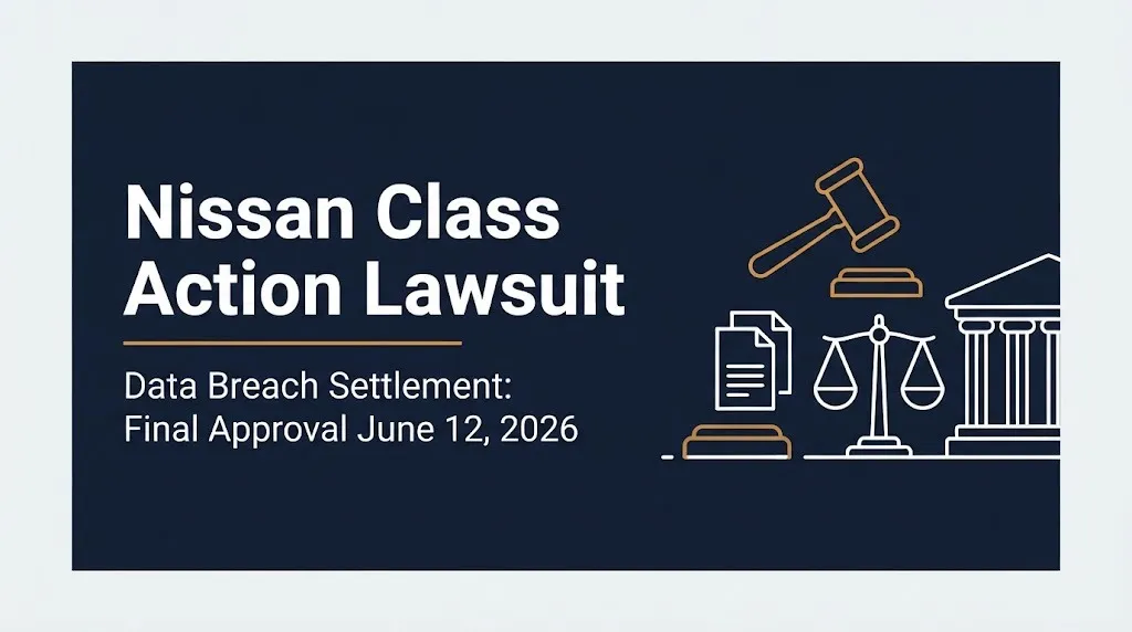 Nissan class action lawsuit 2026 banner noting data breach settlement final approval on June 12, 2026.