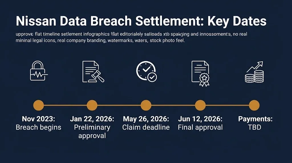 Nissan class action lawsuit timeline showing breach, approval dates, May 26, 2026 claim deadline, and payments TBD.