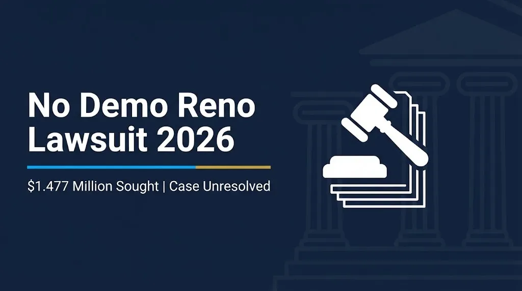 No Demo Reno lawsuit 2026 banner showing $1.477 million sought and unresolved case status.