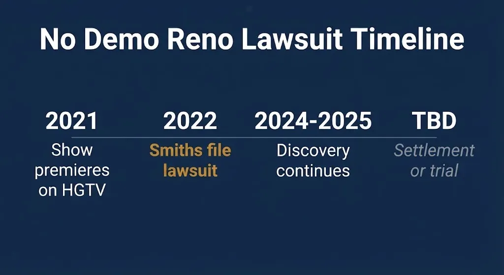 No Demo Reno lawsuit timeline showing key dates from 2021 show premiere to unresolved 2026 status.