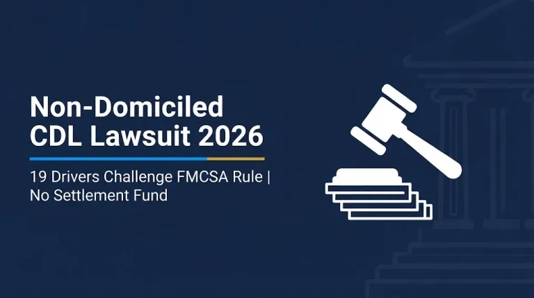 Non-domiciled CDL lawsuit 2026 banner showing 19 drivers challenging FMCSA rule with no settlement fund.