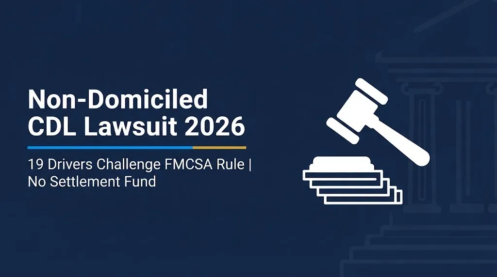 Non-domiciled CDL lawsuit 2026 banner showing 19 drivers challenging FMCSA rule with no settlement fund.
