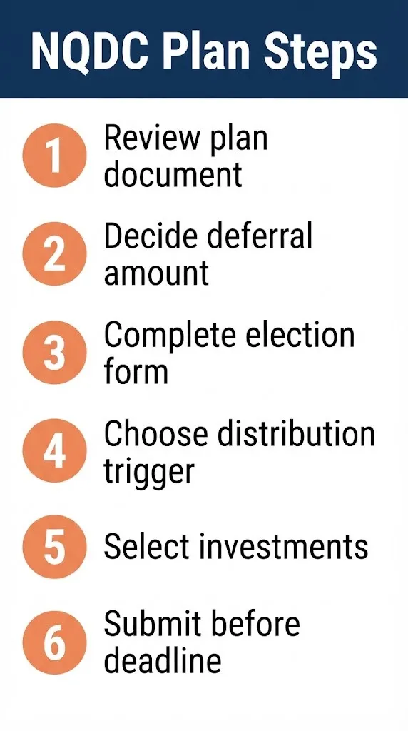 Non-qualified deferred compensation plan steps graphic showing six numbered actions from review to submission.