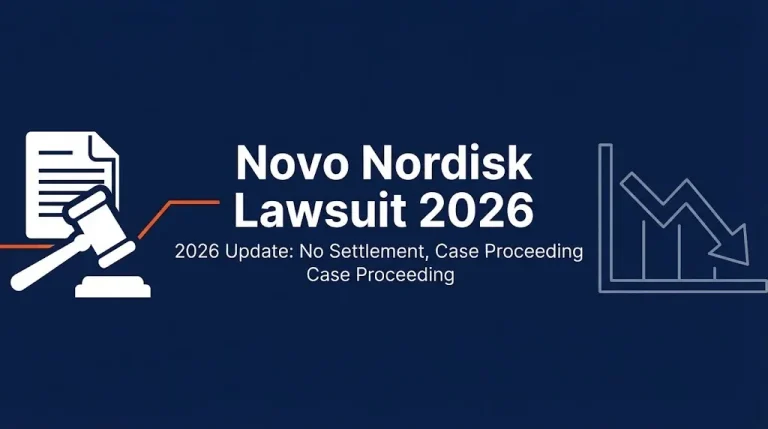 Novo Nordisk lawsuit 2026 banner with gavel icon and No Settlement notice.
