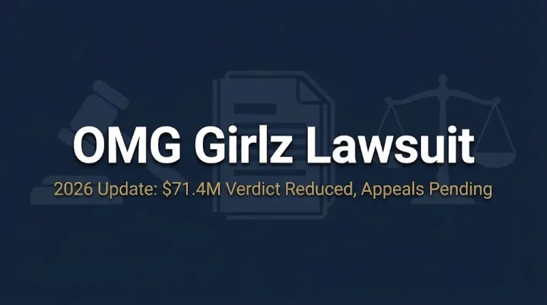 OMG Girlz lawsuit 2026 banner showing verdict reduced and appeals pending.