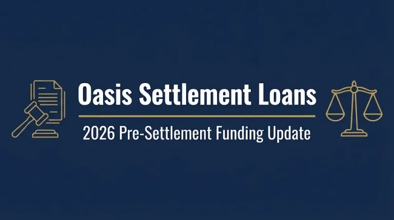 Oasis Settlement Loans 2026 pre-settlement funding update banner with gavel and scales icons.