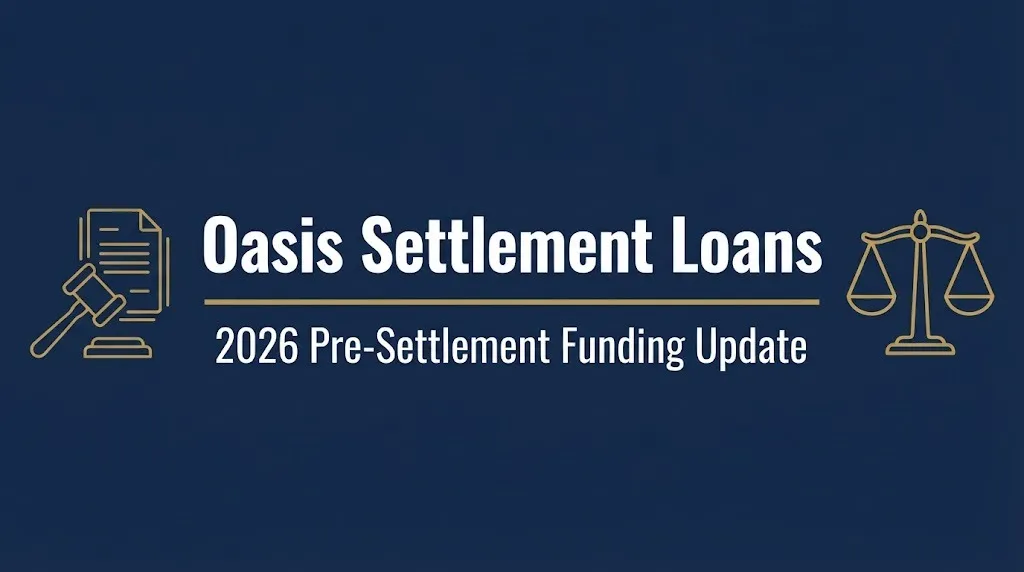 Oasis Settlement Loans 2026 pre-settlement funding update banner with gavel and scales icons.