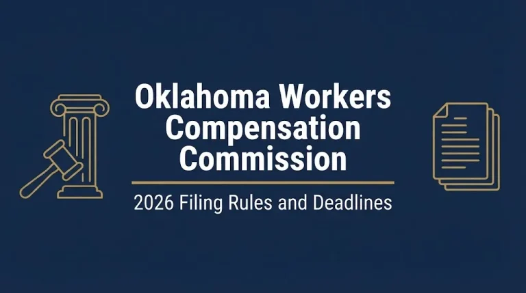 Oklahoma Workers Compensation Commission 2026 filing rules and deadlines banner with legal icons.