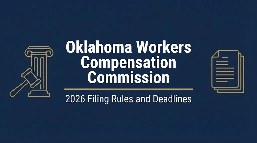 Oklahoma Workers Compensation Commission 2026 filing rules and deadlines banner with legal icons.