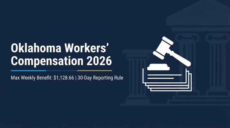 Oklahoma workers compensation 2026 banner showing max weekly benefit and 30-day reporting deadline.