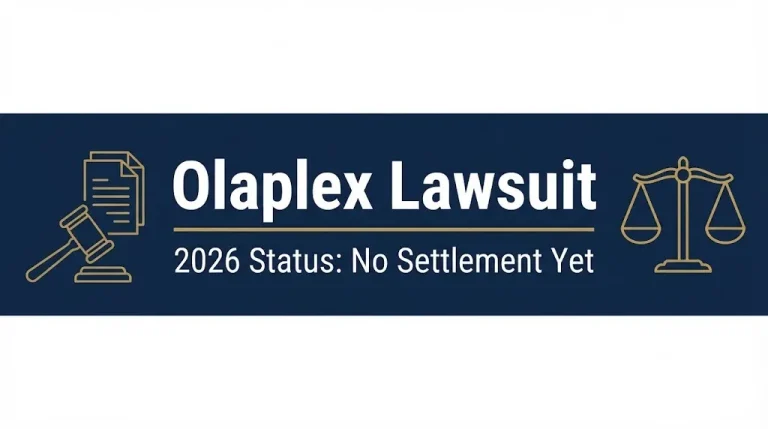 Olaplex lawsuit 2026 status showing no settlement yet with gavel and scales icons.