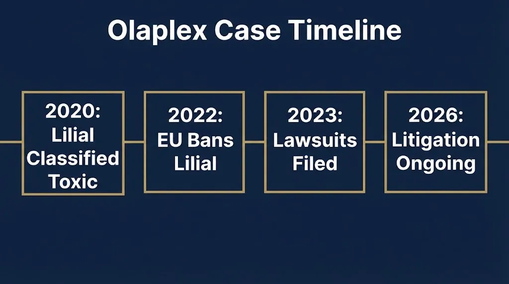 Olaplex lawsuit timeline from lilial classification in 2020 to ongoing litigation in 2026.