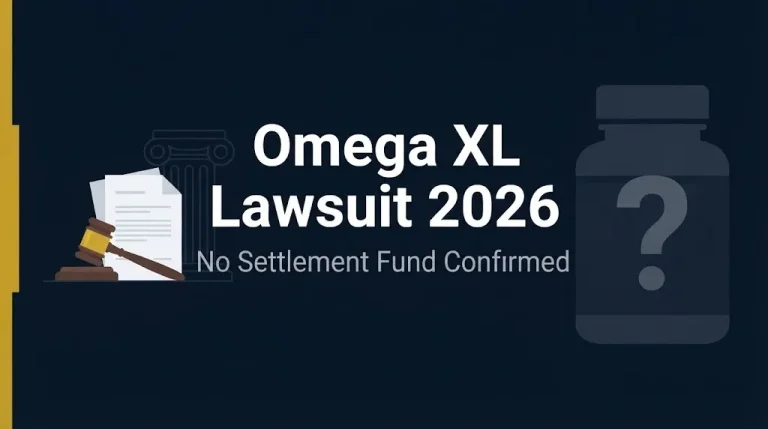 Omega XL lawsuit 2026 banner showing no settlement fund confirmed and legal news design.
