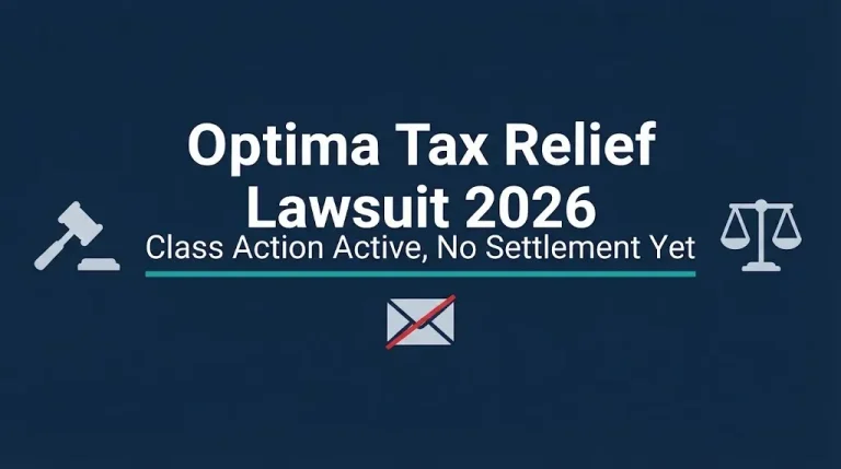 Optima Tax Relief lawsuit 2026 hero banner with gavel and spam email graphics.