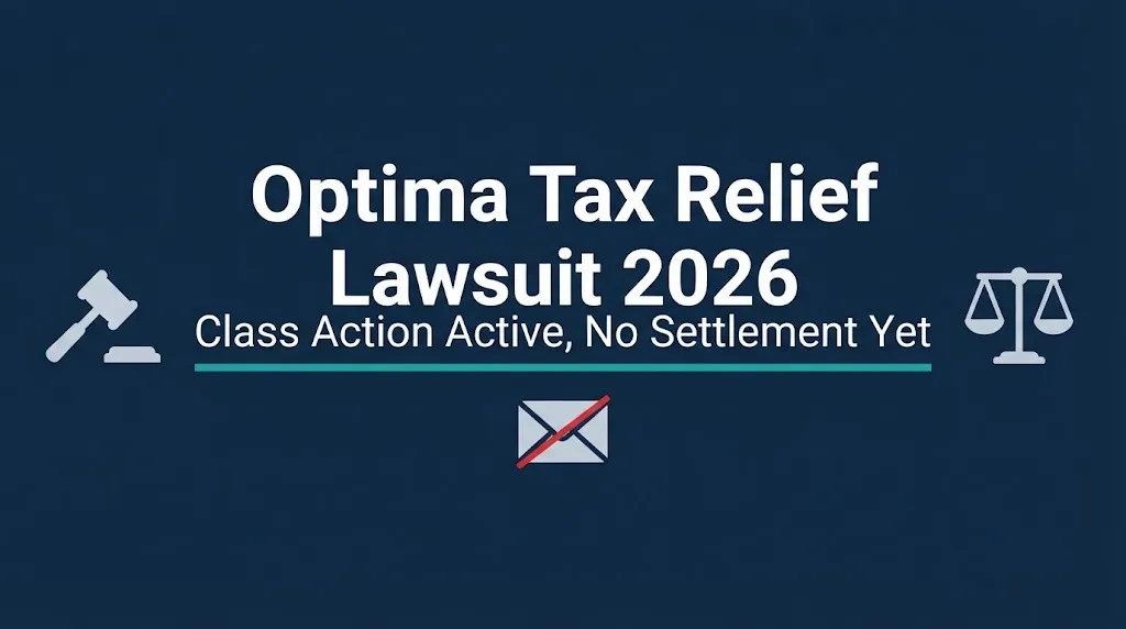 Optima Tax Relief lawsuit 2026 hero banner with gavel and spam email graphics.