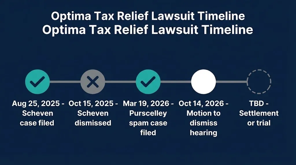 Optima Tax Relief lawsuit timeline showing August 2025 filing through TBD settlement.