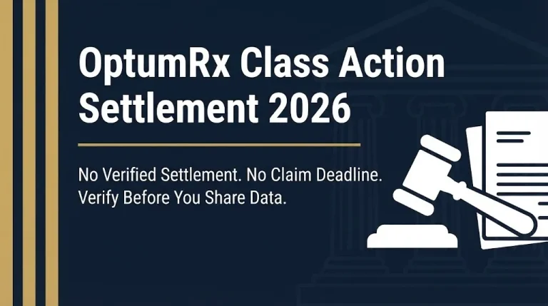OptumRx class action settlement 2026 status banner showing no verified settlement exists and no claim deadline is active.