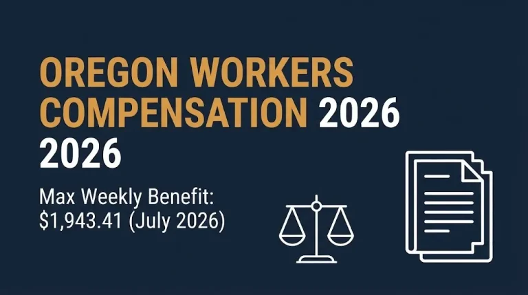 Oregon workers compensation 2026 banner showing the maximum weekly benefit rising to $1,943.41 in July.