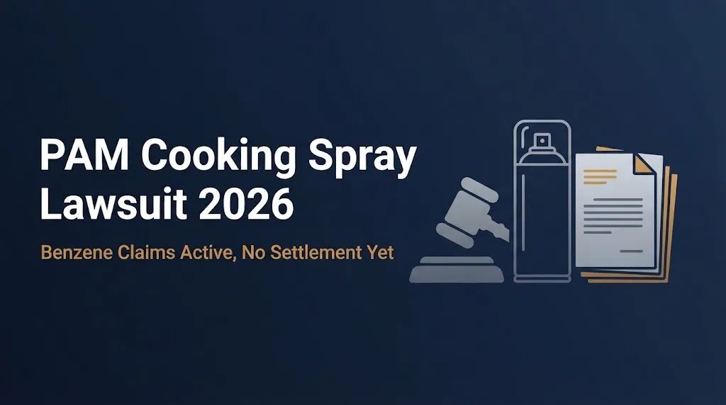 PAM cooking spray lawsuit 2026 banner showing benzene claims status with gavel and aerosol can graphics.