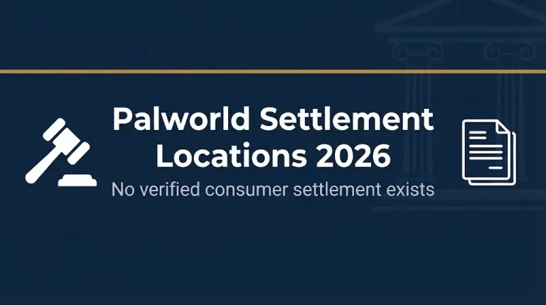 Palworld settlement locations 2026 banner showing no verified consumer settlement and legal symbols.