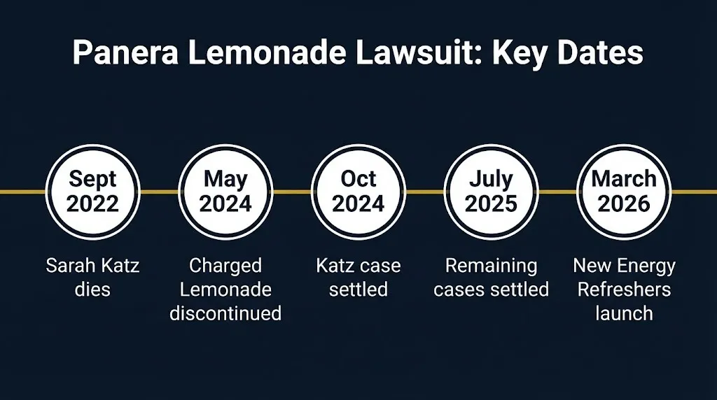 Panera lemonade lawsuit timeline showing Katz death, discontinuation, settlements, and new drink launch.