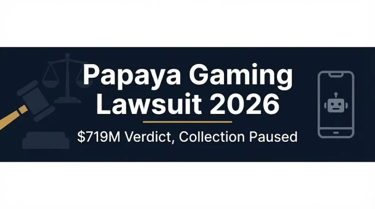 Papaya Gaming lawsuit 2026 banner with $719M verdict and collection pause status.