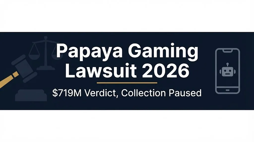 Papaya Gaming lawsuit 2026 banner with $719M verdict and collection pause status.