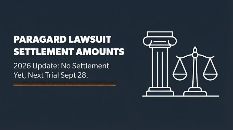 Paragard lawsuit settlement amounts 2026 banner showing no settlement exists yet and the next trial date.