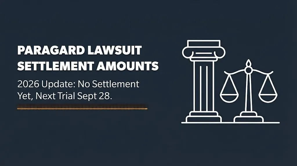 Paragard lawsuit settlement amounts 2026 banner showing no settlement exists yet and the next trial date.