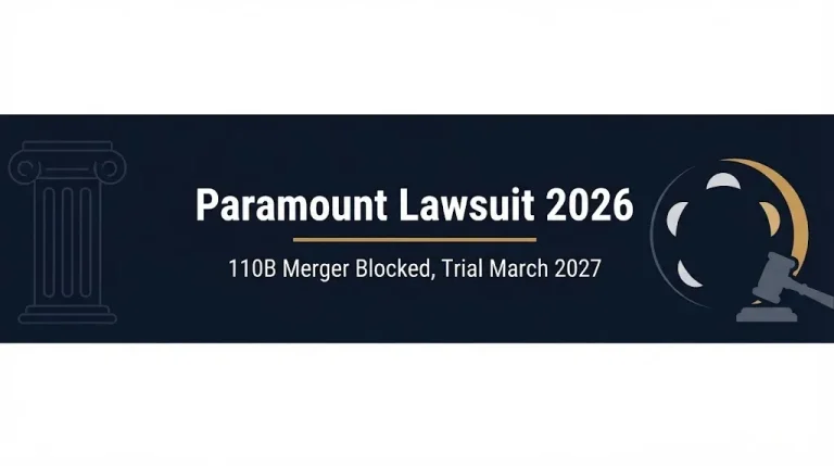 Paramount lawsuit 2026 banner with $110B merger blocked and March 2027 trial details.