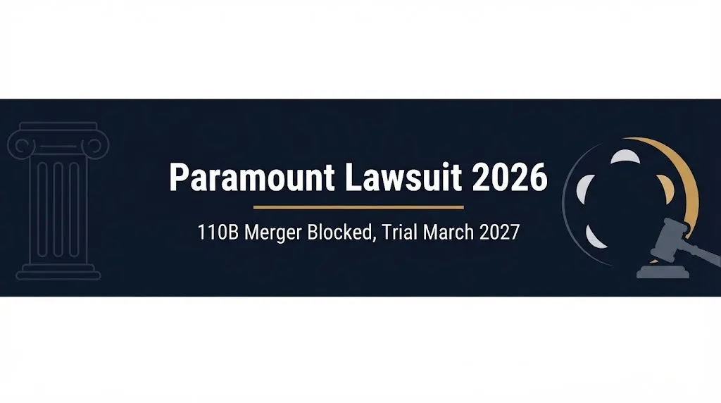 Paramount lawsuit 2026 banner with $110B merger blocked and March 2027 trial details.