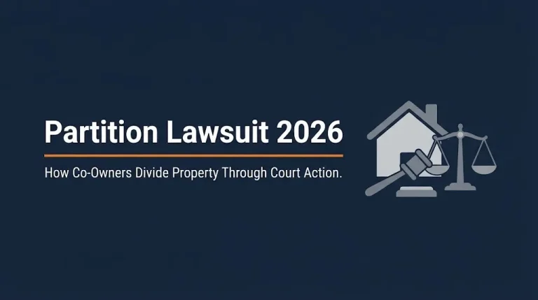 Partition Lawsuit 2026 news banner showing court action for co-owned property division.
