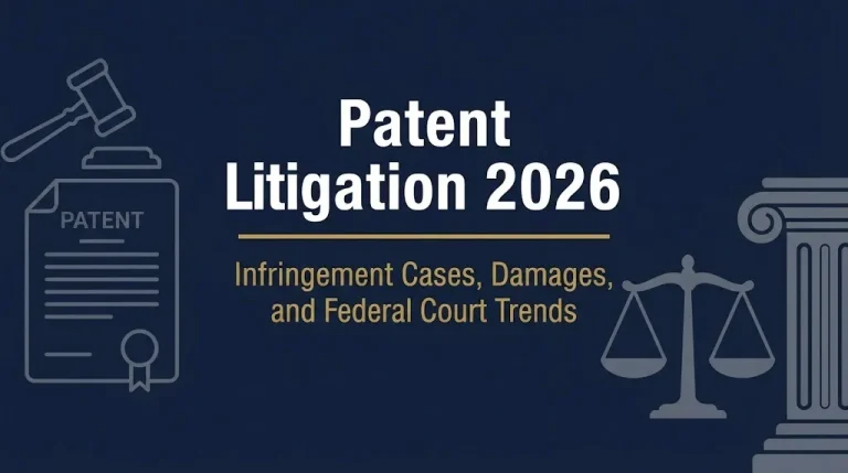 Patent Litigation 2026 banner showing patent document, gavel, and status line about infringement and federal courts.