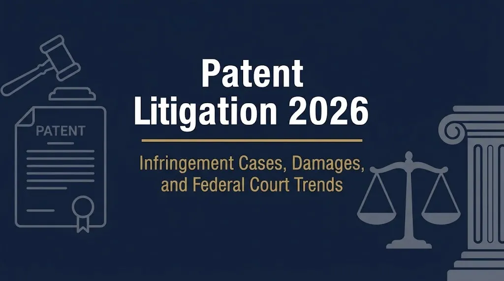 Patent Litigation 2026 banner showing patent document, gavel, and status line about infringement and federal courts.