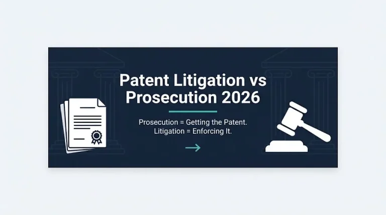 Patent litigation vs prosecution 2026 banner showing document stack and gavel on navy background