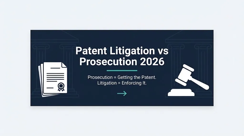 Patent litigation vs prosecution 2026 banner showing document stack and gavel on navy background
