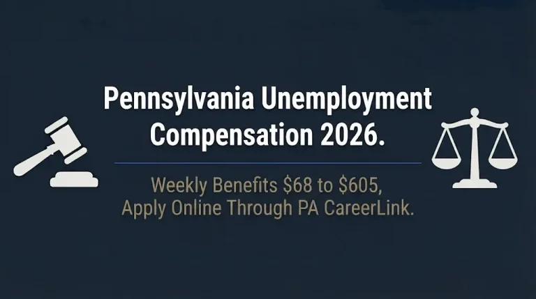 Pennsylvania unemployment compensation 2026 banner showing weekly benefits and application process.