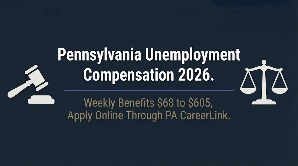 Pennsylvania unemployment compensation 2026 banner showing weekly benefits and application process.