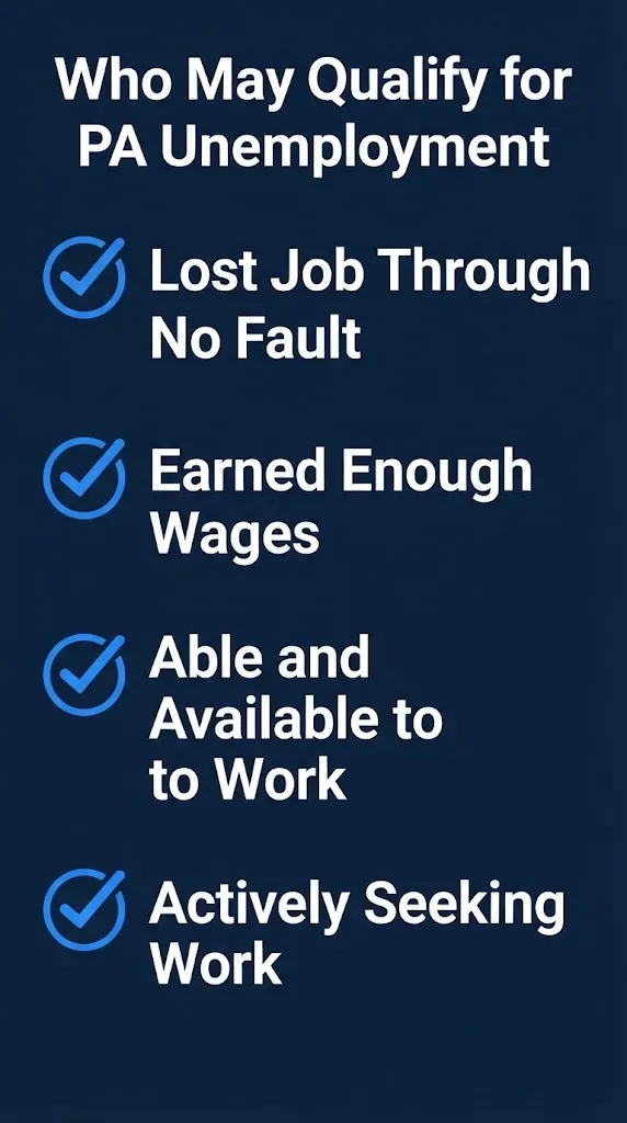 Pennsylvania unemployment compensation eligibility checklist showing four qualification criteria.