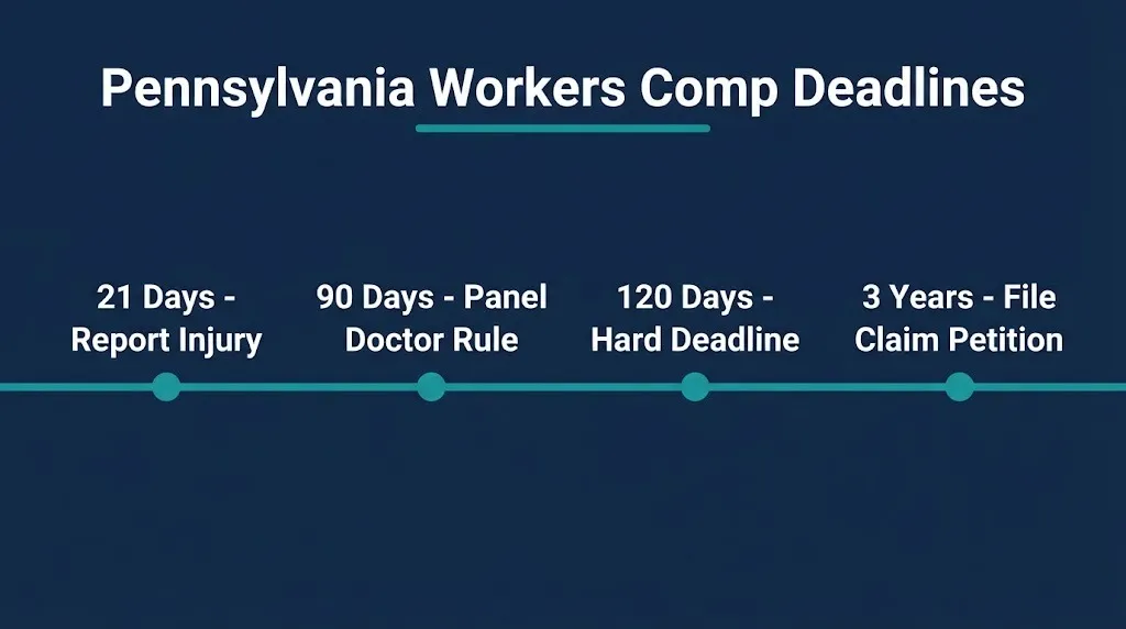 Pennsylvania workers compensation deadlines timeline showing 21-day, 120-day, and 3-year milestones.