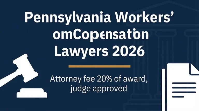 Pennsylvania workers compensation lawyers 2026 banner showing 20 percent attorney fee and legal symbols.