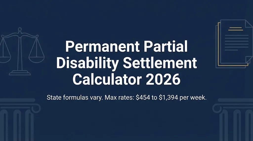 Permanent partial disability settlement calculator 2026 hero banner with state rate range subheading.