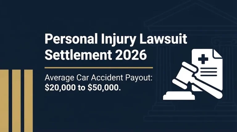 Personal injury lawsuit settlement 2026 banner showing average car accident payout range of twenty to fifty thousand dollars.