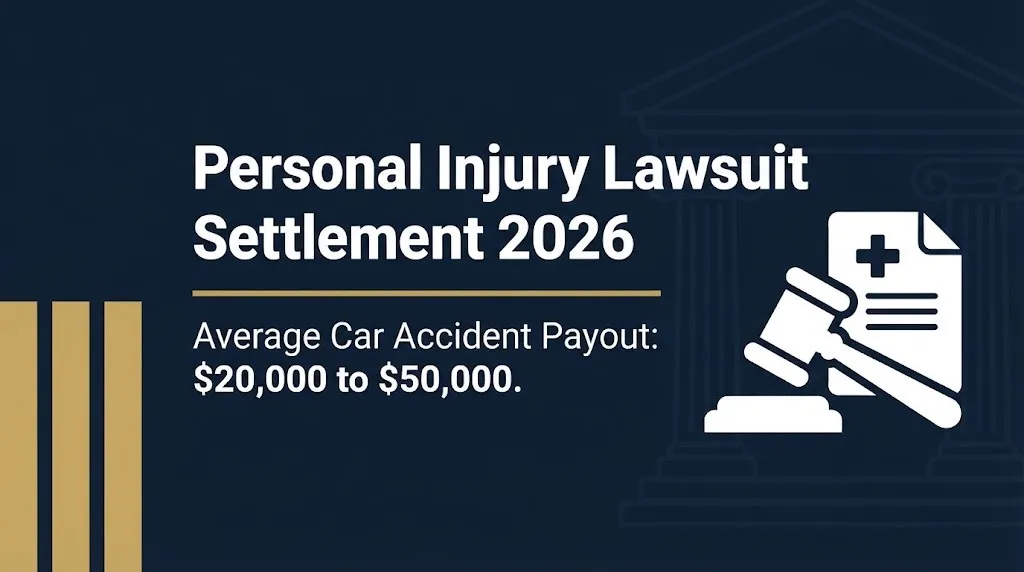 Personal injury lawsuit settlement 2026 banner showing average car accident payout range of twenty to fifty thousand dollars.