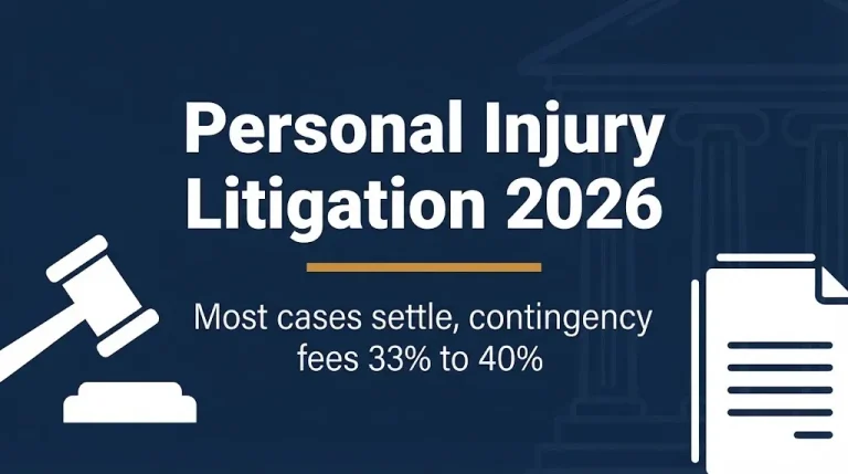Personal injury litigation 2026 banner showing contingency fee range and legal symbols.