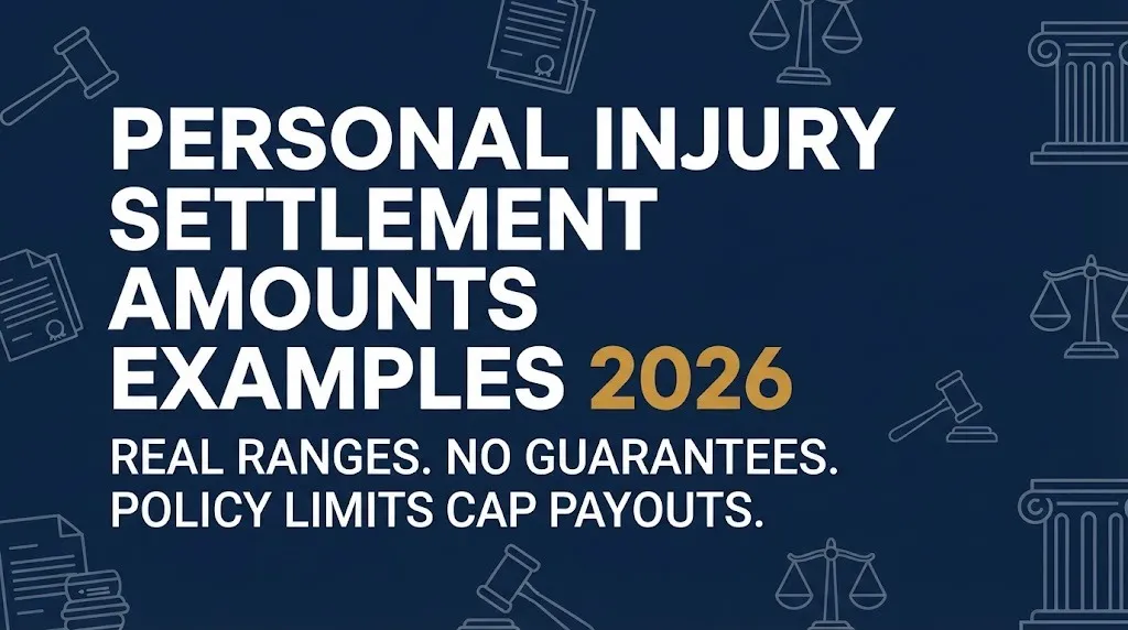 Personal injury settlement amounts examples 2026 guide showing real ranges and insurance limits.
