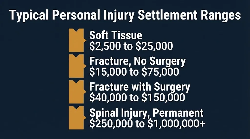 Personal injury settlement payout tiers showing ranges from soft tissue to permanent spinal injuries.