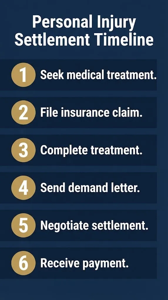 Personal injury settlement timeline showing six steps from medical treatment to receiving payment.