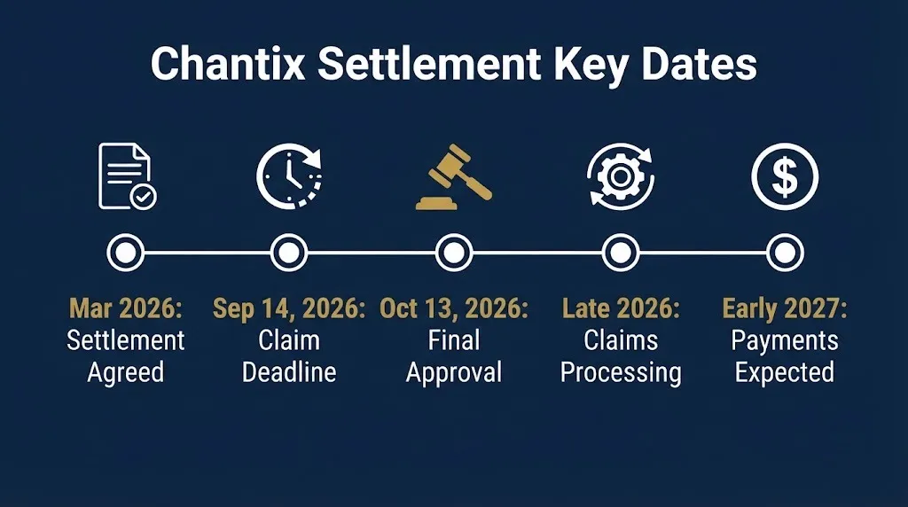 Pfizer Chantix lawsuit timeline graphic showing key settlement dates from 2026 to 2027