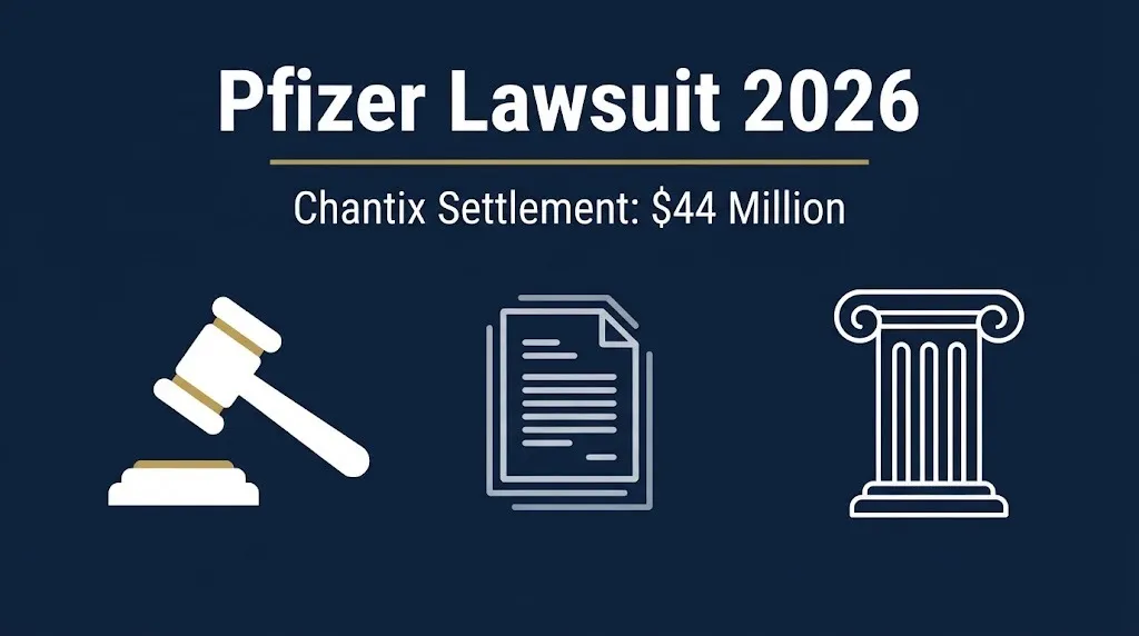 Pfizer lawsuit 2026 infographic banner with gavel and Chantix settlement of $44 million